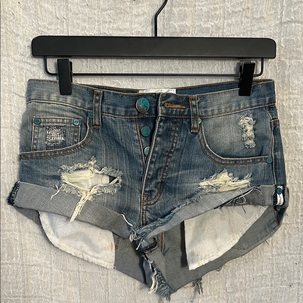 One Teaspoon Blue Distressed Jean Shorts